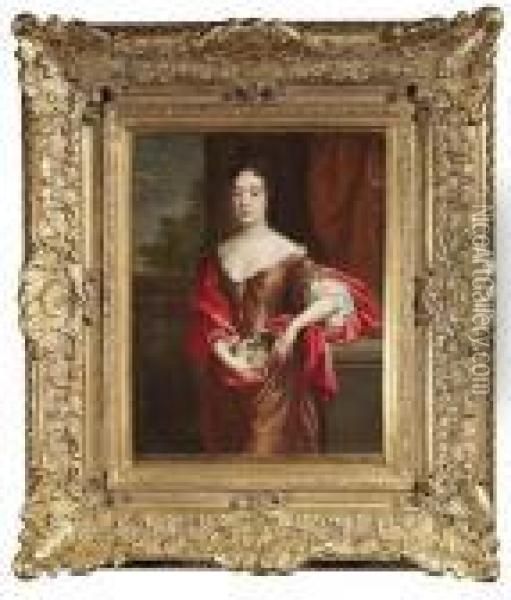 Portrait Of A Noblewoman With A Small Dog. Three Quarter Length. Oil/canvas/canvas Oil Painting - Caspar Netscher