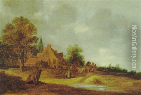 Landschaft Mit Dorf Und Figuren An Einem Bach Oil Painting - Pieter de Neyn