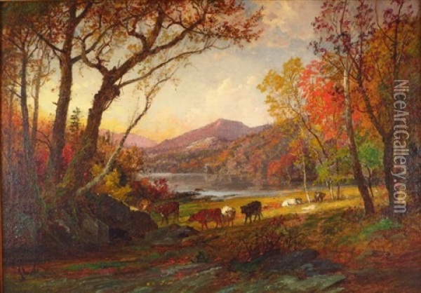 Autumn Landscape With Lake, Mountains And Cattle Oil Painting - Jasper Francis Cropsey