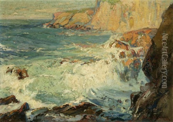Surf Breaking Over Rocks Oil Painting - Franz Arthur Bischoff