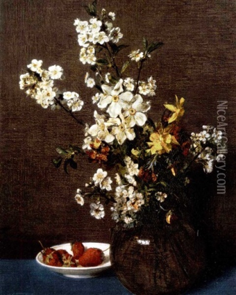 Vase De Fleurs Avec Un Plat De Fraises Oil Painting - Henri Fantin-Latour