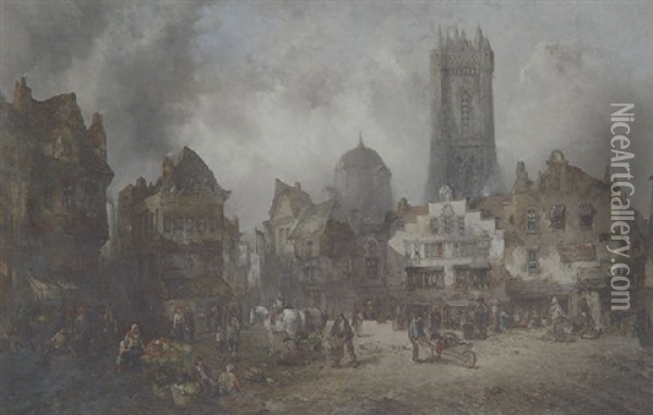 A Continental Market Square Oil Painting - Alfred Montague