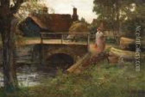 British, - Woman Fetching Wateralong A Canal Oil Painting - Alfred de Breanski