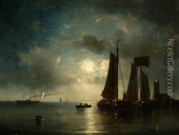 Nocturne With Sailboats Oil Painting - Johan Hendrik Meyer