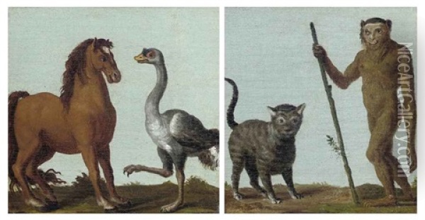 A Monkey And A Cat In A Landscape (+ A Horse And An Ostrich In A Landscape; Pair) Oil Painting - Roelandt Savery