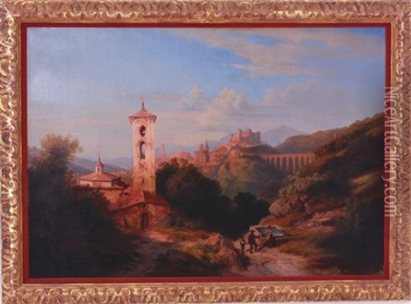 View Of Spoleto, A View Of La Rocca Castle, St. Mary's Cathedral And Ponte Delle Torri Canal Oil Painting - Georg Heinrich Busse