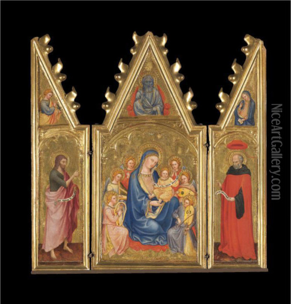A Triptych:
Central Panel: The Madonna And Child With Music-making Angels, Godthe Father Above
Left Wing: Saint John The Baptist In A Pink Cloak, The Angel Of Theannunciation Above
Right Wing: Saint Jerome In Cardinal's Robes, The Virgin Annunciateabove Oil Painting - Taddeo Di Bartolo