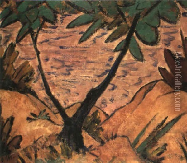 Landschaft Mit Baum Oil Painting - Otto Mueller