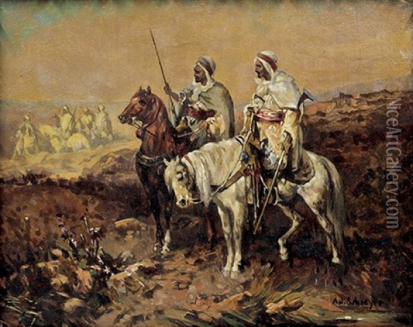 Orientalist Scene With Horsemen Oil Painting - Adolf Schreyer