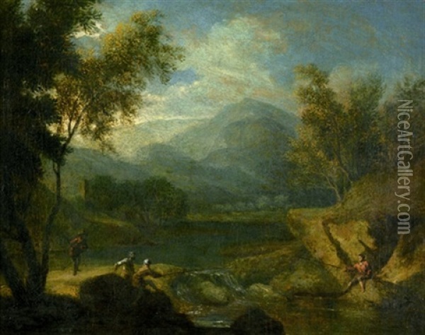 Gebirgige Fluslandschaft Mit Anglern Oil Painting - Johann Sebastian Bach the Younger