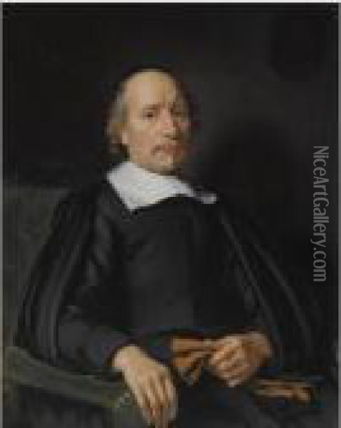 Portrait Of A Man, Seated 
Half-length, Wearing A Black Robe Witha White Flat Collar, Holding A 
Pair Of Gloves Oil Painting - Nicolaes Maes