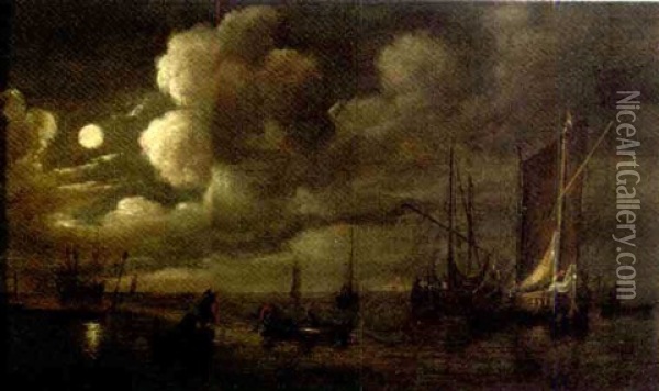 A Moonlit Seascape With Fishermen At Work In Their Boats Oil Painting - Jan Van De Cappelle