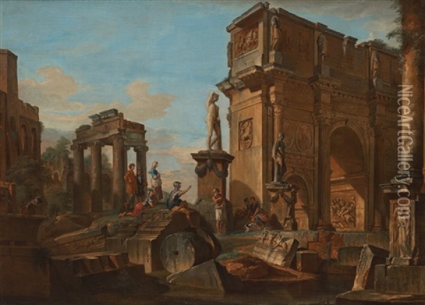 Capriccio With Figures At The Roman Ruins And The Arch Of Constantine Oil Painting - Giovanni Paolo Panini