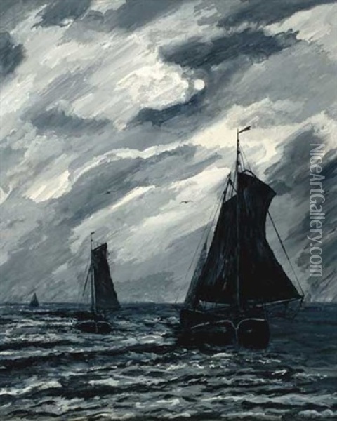 Boote Bei Nacht Oil Painting - Johann Christopher Schlichtkrull