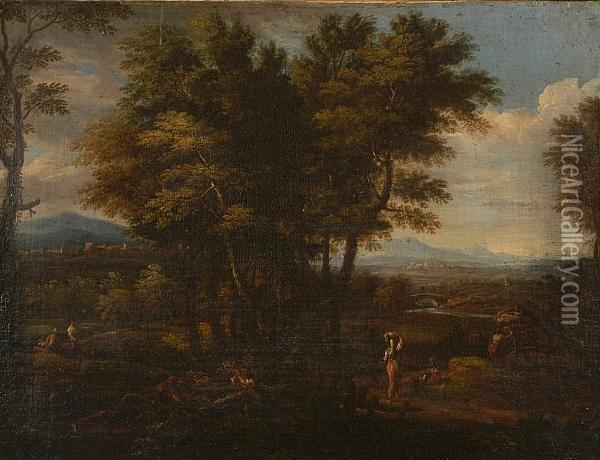 Figures In An Extensive Italianate Landscape Oil Painting - Christian Reder