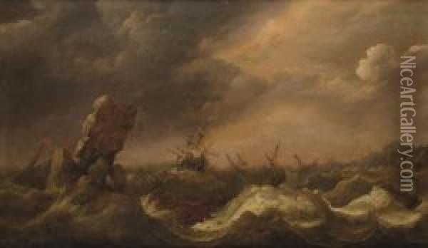 Shipping In Stormy Waters With A Shipwreck Of A Turkish Vessel Oil Painting - Adam Willaerts