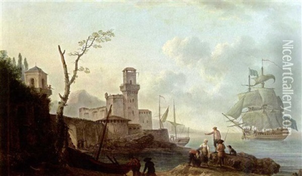 A Mediterranean Bay With Two Sailing Vessels, And Fishermen With Their Nets And Boat And Other Figures In The Foreground, A View Of A Harbour Town With A Castle And A Lighthouse On The Left Oil Painting - Pierre-Joseph Wallaert