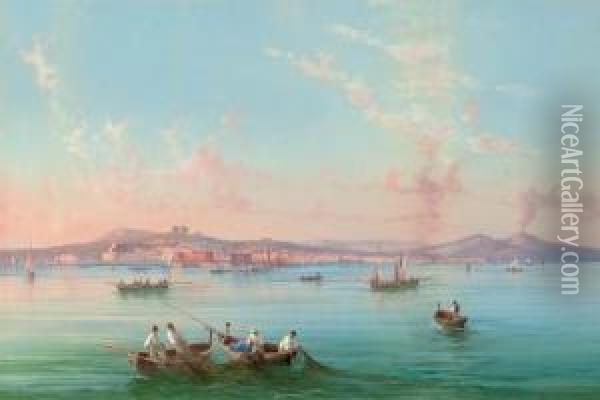 Hauling In The Nets In The Bay Of Naples, Vesuvius Beyond Oil Painting - Gioacchino La Pira
