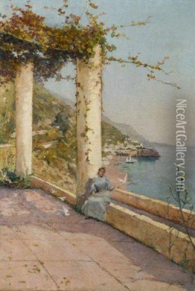 Elegante Sur La Terrasse. Oil Painting - Alfred Casile