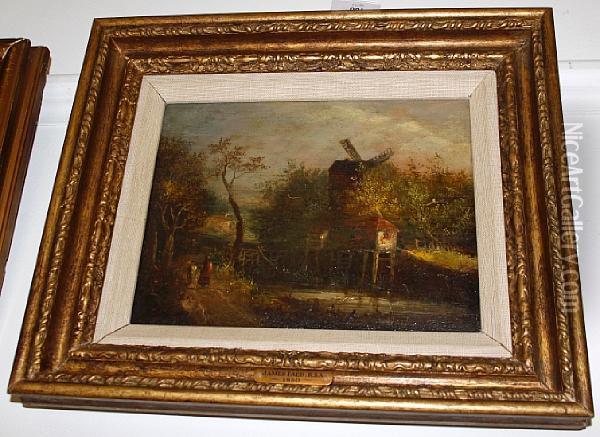 Windmill In A Landscape Oil Painting - James Jnr Faed