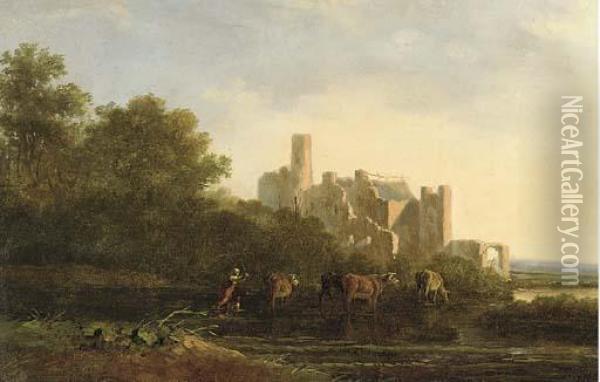 A Drover Herding Cattle Before A Ruined Castle Oil Painting - Jacob Van Stry