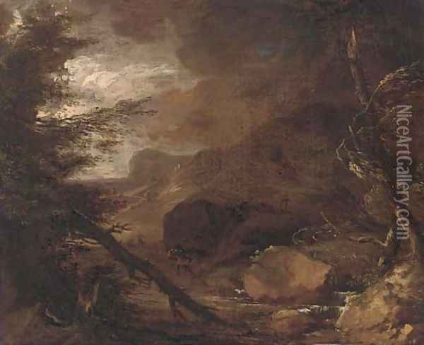 Figures struggling against a storm in a wooded landscape Oil Painting - Jacob Salomonsz. Ruysdael