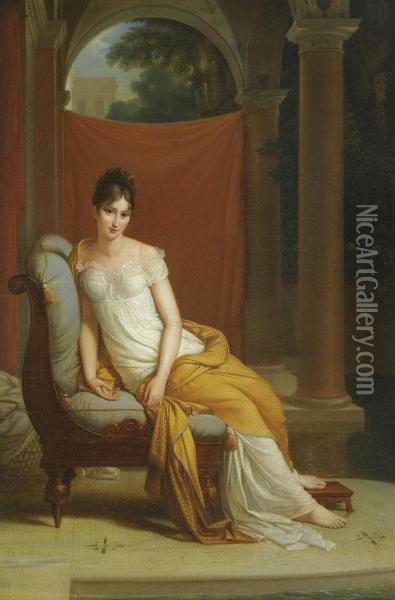 Portrait Of Madame Recamier (1777-1849), Seated In A Classical Interior Oil Painting - Alexandre Evariste Fragonard