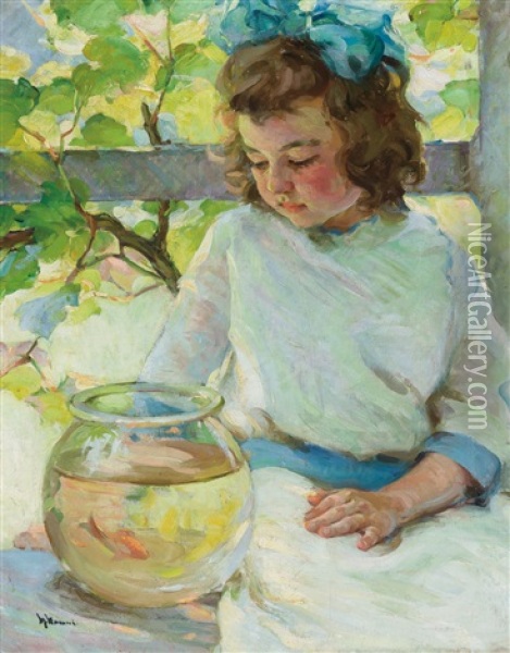 Young Girl With Fish Bowl Oil Painting - Mabel May Woodward