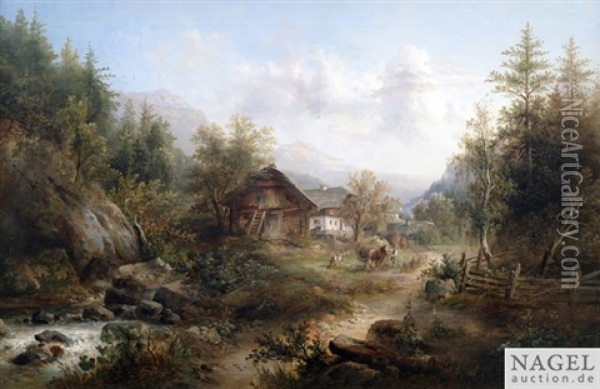 Gebirgslandschaft Mit Bauerngehoft Oil Painting - Emil Barbarini