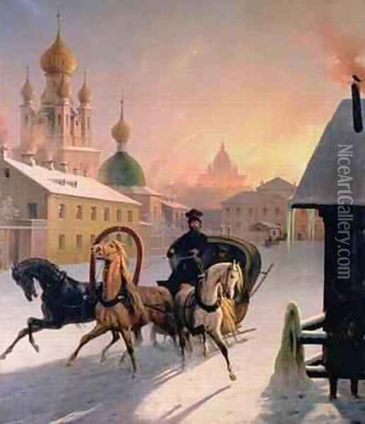 Troika on the Street in St Petersburg Oil Painting - Charles de Hampeln