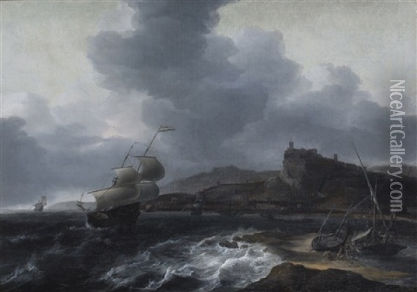 A Dutch Ship Leaving A Mediterrenean Harbour Oil Painting - Jan Theunisz Blankerhoff