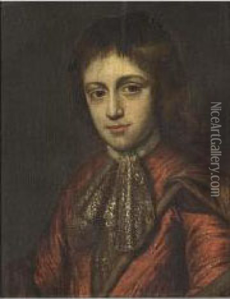 A Portrait Of A Boy, Bust 
Length, Wearing A Red Costume With A White Chemise And Brown Velvet 
Cloak Oil Painting - Michiel van Musscher