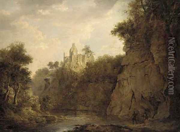Anglers on the bank of a river gorge, Rosslyn castle beyond Oil Painting - Patrick Nasmyth