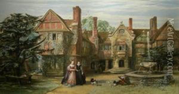 Country House Possibly Ightham Mote With Figures And Dogs In The Foreground Oil Painting - John Edmund Buckley