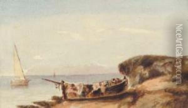 Barcaza En La Playa Oil Painting - Rafael Monleon y Torres