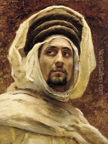 Portrait Of An Arab, Bust-length, In An Afghan Hat And A Headdress Oil Painting - Konstantin Egorovich Egorovich Makovsky