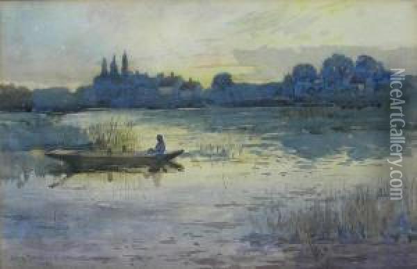 Punting Under An Evening Sky Oil Painting - John Muirhead