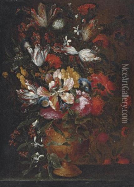 Roses, Tulips, Irises And Other Flowers In A Bronze Urn On A Stone Ledge Oil Painting - Jan Peeter Brueghel