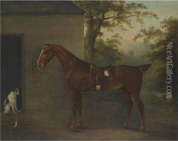 Mr. Yarburgh's Chestnut Hunter Little John With A Terrier Beside Astable In A Landscape Oil Painting - Thomas Weaver