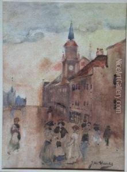 Figures In A Village Street Oil Painting - James Watterston Herald