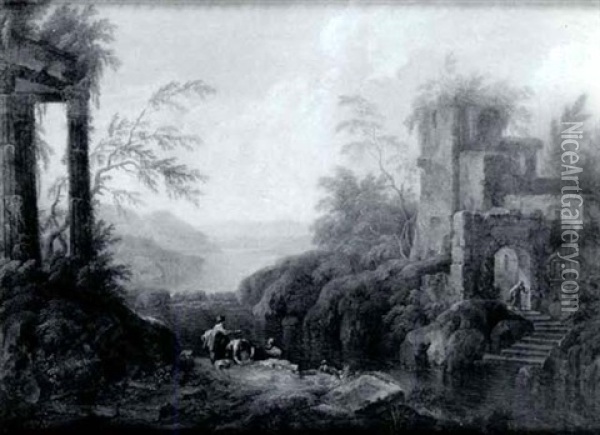 Extensive River Landscape Withfigures Among Classical Ruins Oil Painting - Franz de Paula Ferg