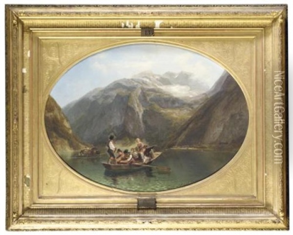 Figures In A Boat On The Konigsee - Ein Boot Auf Dem Konigsee (collab. W/august Becker) Oil Painting - Adolf Schmitz Cronenburg