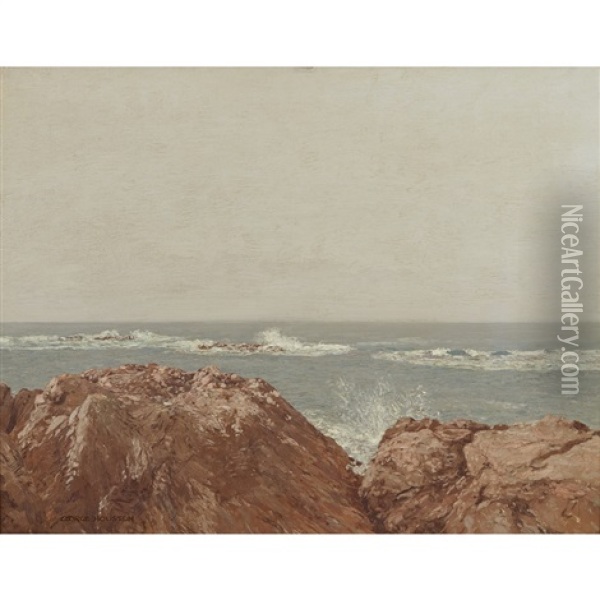 Waves Breaking On A Rocky Coastline Oil Painting - George Houston