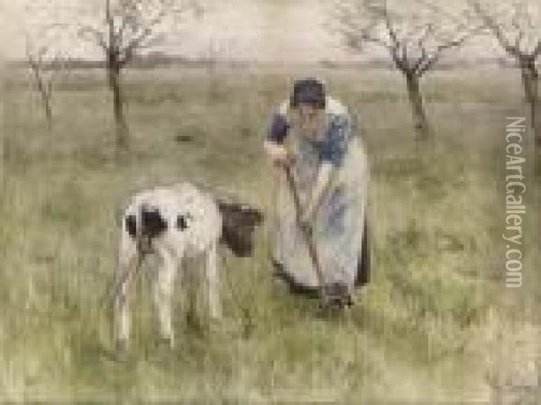 A Peasant Woman And Her Calf Oil Painting - Anton Mauve