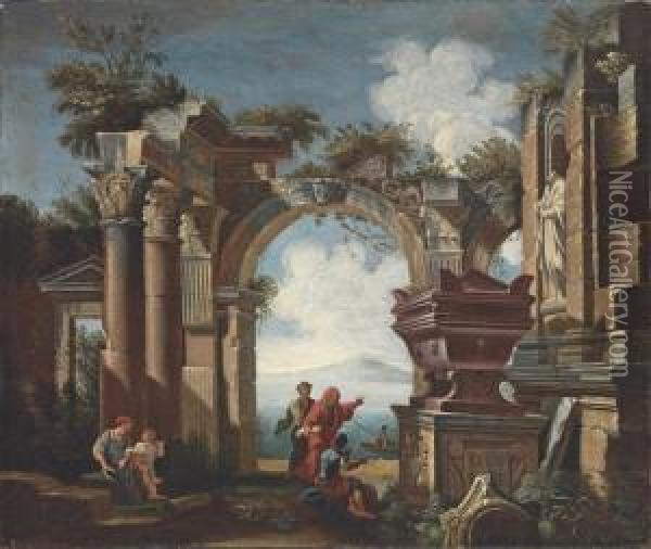 An Architectural Capriccio With Classical Ruins And Figures Oil Painting - Domenico Roberti