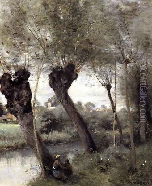 Saint-Nicholas-les-Arras, Willows on the Banks of the Scarpe Oil Painting - Jean-Baptiste-Camille Corot