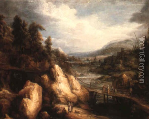 A Rocky River Landscape With A Bridge And Figures Oil Painting - Pieter Michiel (den Hyger) Staal