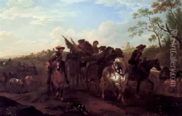 Wounded Soldiers In A Cart, Accompanied By A Mounted Cavalry Officer, A Fortified Town Beyond Oil Painting - Pieter van Bloemen