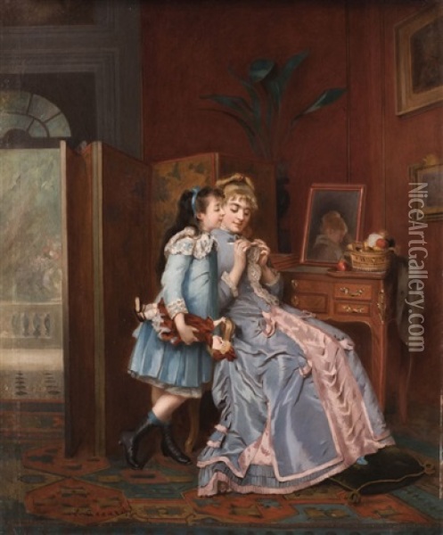 Junges Madchen Sieht Ihrer Mutter Beim Hakeln Zu Oil Painting - Eugene Accard