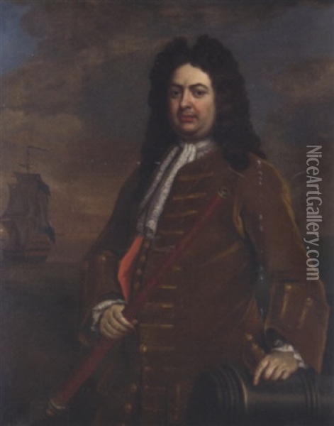 Portrait Of Admiral Sir Thomas Hardy With A Telescope In His Right Hand, His Left Hand Resting On A Cannon, His Ship Beyond Oil Painting - Michael Dahl